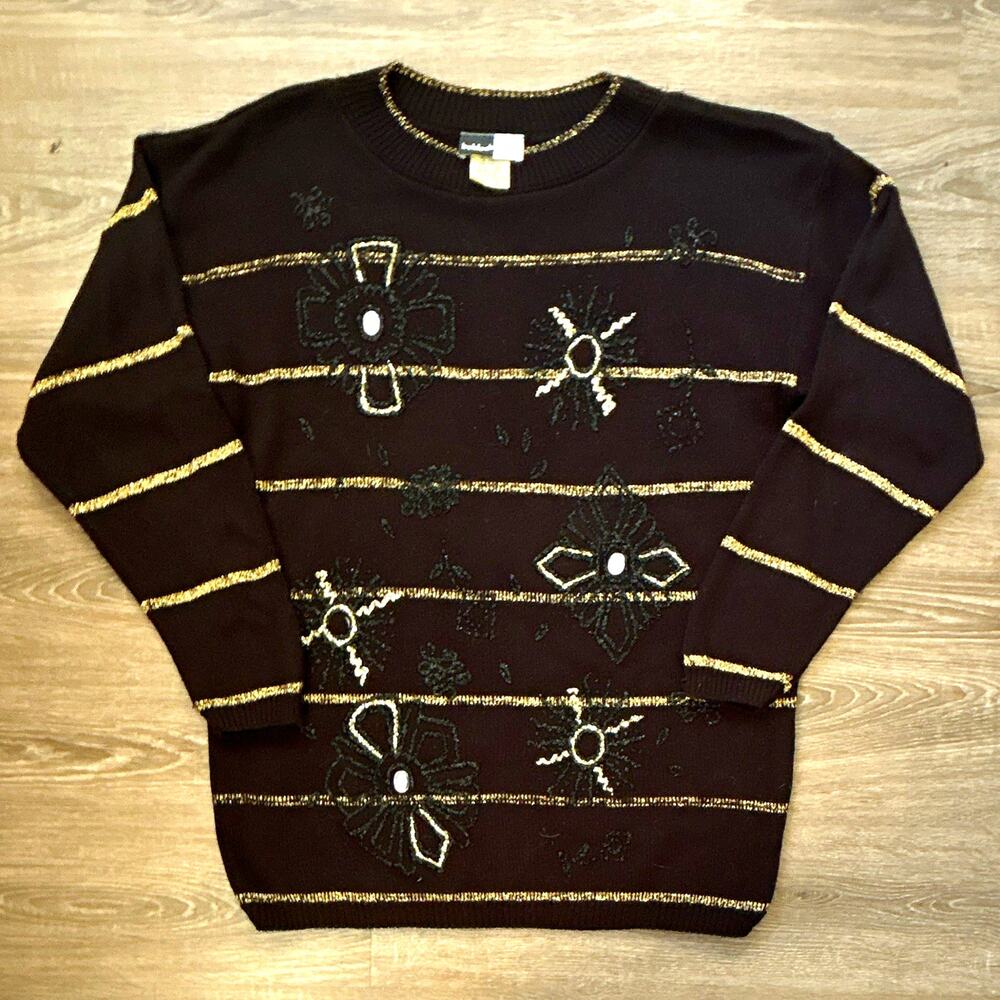 Vintage 80’s Beldolch Popper Black/Gold Beaded Embroidered Knit Sweater Crew M